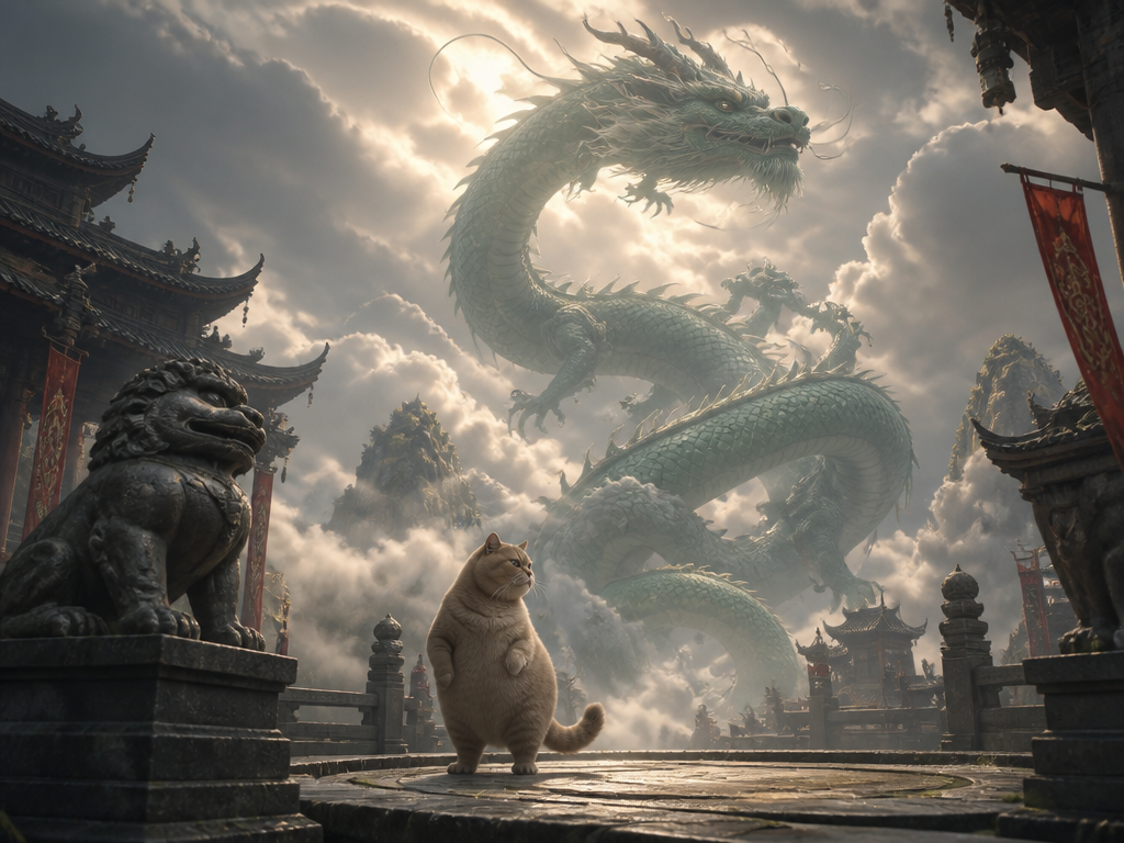 KAT standing beneath an enormous jade dragon in a mountain temple courtyard